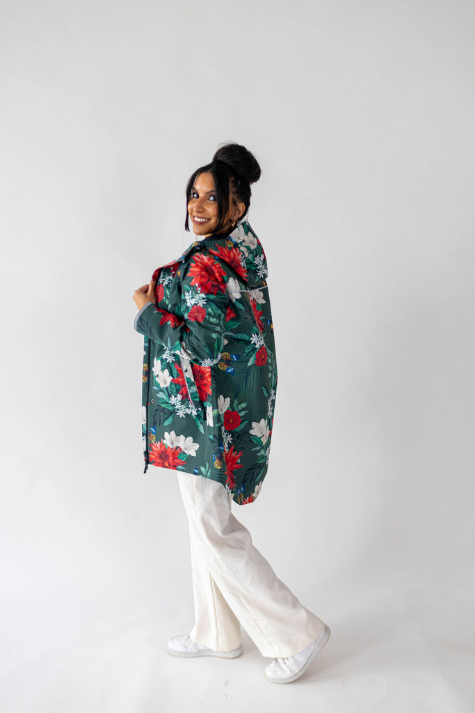 Jardin Scribbler mesh-lined rain jacket, green botanical floral print, raincoat, colourful printed hooded rain wear, waterproof jacket for women, lightweight, plus size raincoat, New Zealand design, PFA free, recycled plastic fabrics.