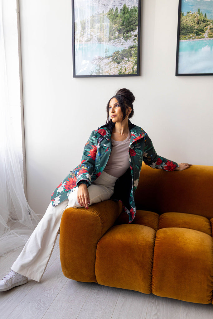 Jardin Scribbler mesh-lined rain jacket, green botanical floral print, raincoat, colourful printed hooded rain wear, waterproof jacket for women, lightweight, plus size raincoat, New Zealand design, PFA free, recycled plastic fabrics.