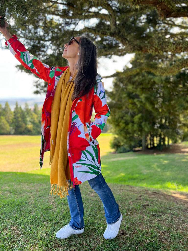 St Tropez Scribbler mesh-lined rain jacket, tropical, floral print, raincoat, colourful printed rain wear, waterproof jacket for women, lightweight, plus size raincoat, New Zealand design