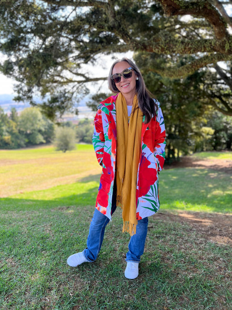 St Tropez Scribbler mesh-lined rain jacket, tropical, floral print, raincoat, colourful printed rain wear, waterproof jacket for women, lightweight, plus size raincoat, New Zealand design