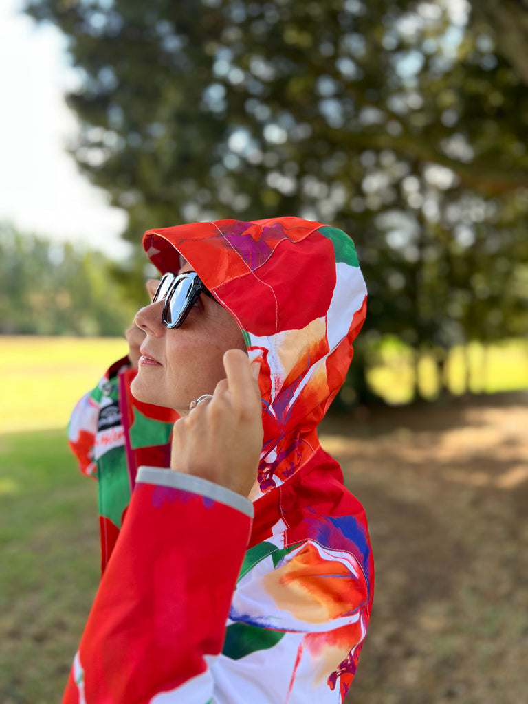 St Tropez Scribbler mesh-lined rain jacket, tropical, floral print, raincoat, colourful printed rain wear, waterproof jacket for women, lightweight, plus size raincoat, New Zealand design