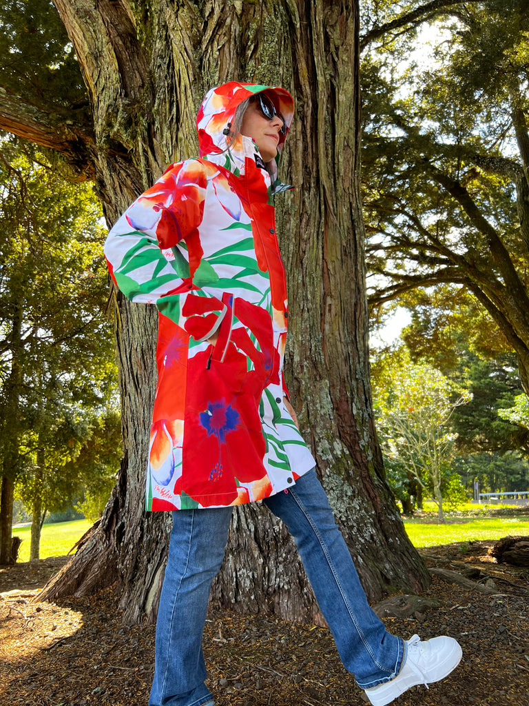 St Tropez Scribbler mesh-lined rain jacket, tropical, floral print, raincoat, colourful printed rain wear, waterproof jacket for women, lightweight, plus size raincoat, New Zealand design