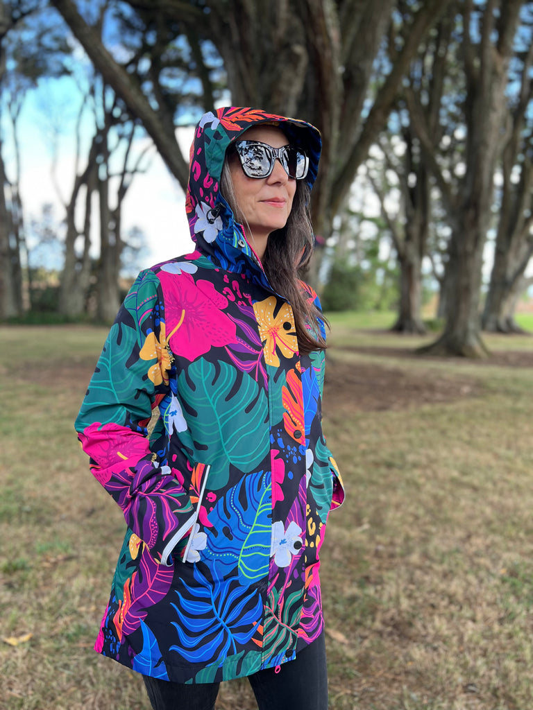 New Paradise Scribbler mesh-lined rain jacket, tropical animal floral print, raincoat, colourful printed rain wear, waterproof jacket for women, lightweight, plus size raincoat, New Zealand design