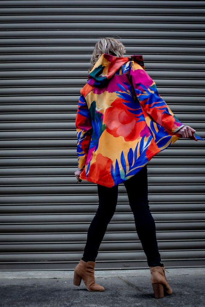 Caribe fleece bonded womens waterproof raincoat, yellow, mustard, cobalt blue, magenta pink, plus size, NZ design, rain jacket, waterproof parka, winter coat, travel, wind proof, Scribbler, floral coat, USA winter coat, Canada waterproof winter parka