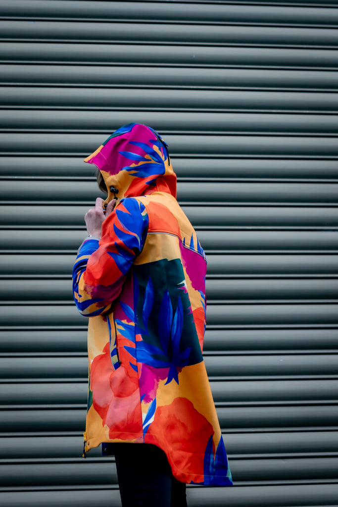 Caribe fleece bonded womens waterproof raincoat, yellow, mustard, cobalt blue, magenta pink, plus size, NZ design, rain jacket, waterproof parka, winter coat, travel, wind proof, Scribbler, floral coat, USA winter coat, Canada waterproof winter parka