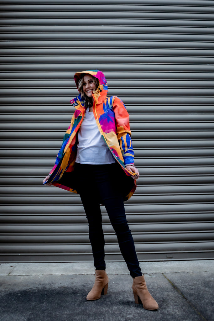 Caribe fleece bonded womens waterproof raincoat, yellow, mustard, cobalt blue, magenta pink, plus size, NZ design, rain jacket, waterproof parka, winter coat, travel, wind proof, Scribbler, floral coat, USA winter coat, Canada waterproof winter parka