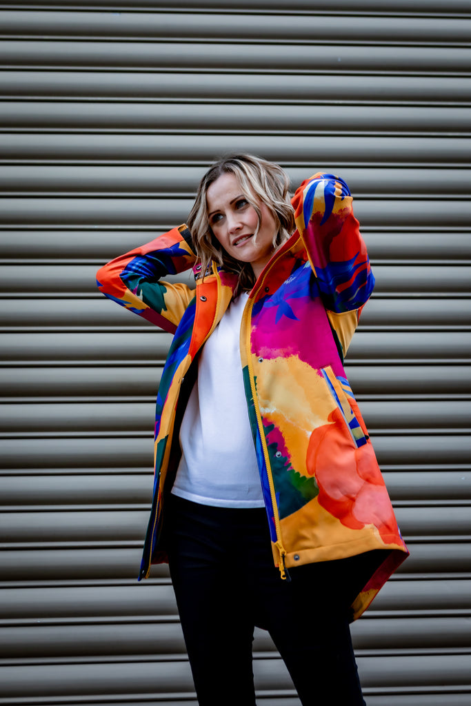 Caribe fleece bonded womens waterproof raincoat, yellow, mustard, cobalt blue, magenta pink, plus size, NZ design, rain jacket, waterproof parka, winter coat, travel, wind proof, Scribbler, floral coat, USA winter coat, Canada waterproof winter parka