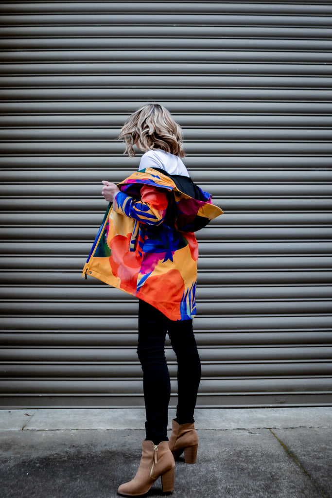 Caribe fleece bonded womens waterproof raincoat, yellow, mustard, cobalt blue, magenta pink, plus size, NZ design, rain jacket, waterproof parka, winter coat, travel, wind proof, Scribbler, floral coat, USA winter coat, Canada waterproof winter parka