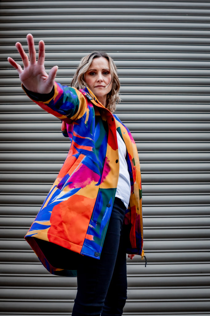 Caribe fleece bonded womens waterproof raincoat, yellow, mustard, cobalt blue, magenta pink, plus size, NZ design, rain jacket, waterproof parka, winter coat, travel, wind proof, Scribbler, floral coat, USA winter coat, Canada waterproof winter parka