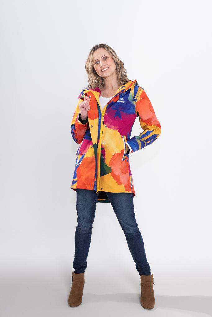 Caribe fleece bonded softshell womens waterproof raincoat, yellow, mustard, cobalt blue, magenta pink, plus size, NZ design, rain jacket, waterproof parka, winter coat, travel, wind proof, Scribbler, floral coat, USA winter coat, Canada waterproof winter parka