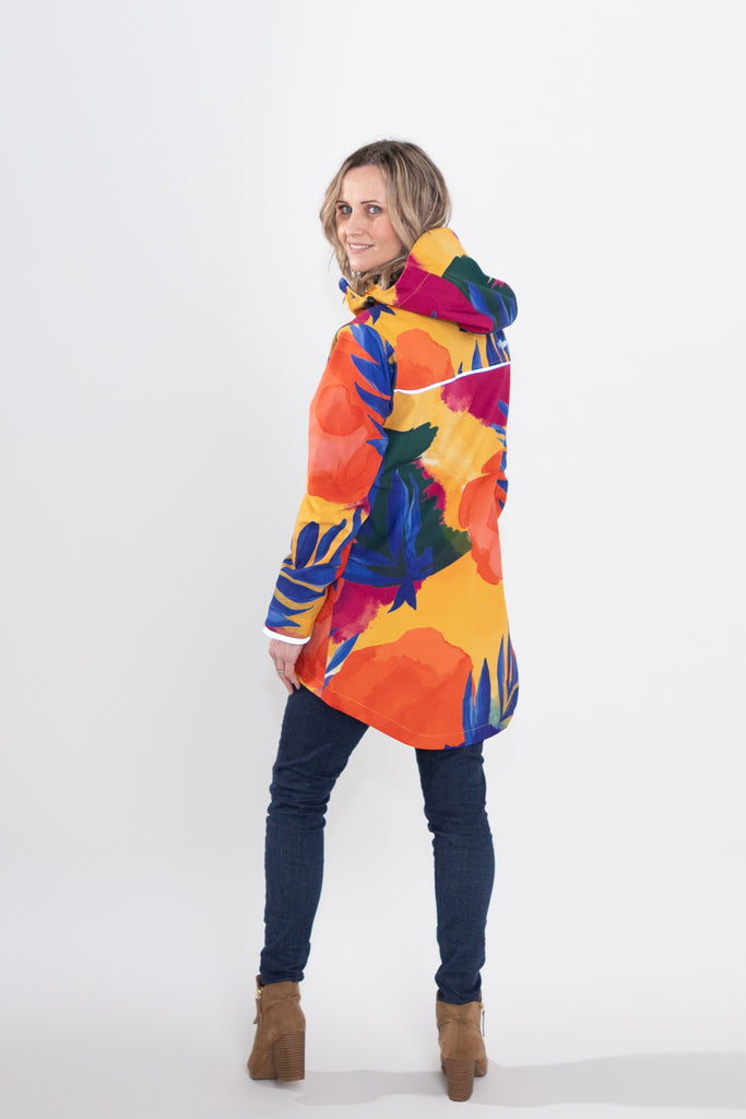 Caribe fleece bonded softshell womens waterproof raincoat, yellow, mustard, cobalt blue, magenta pink, plus size, NZ design, rain jacket, waterproof parka, winter coat, travel, wind proof, Scribbler, floral coat, USA winter coat, Canada waterproof winter parka