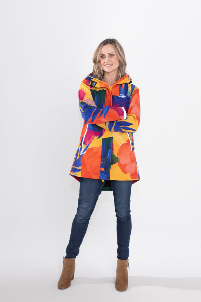 Caribe fleece bonded softshell womens waterproof raincoat, yellow, mustard, cobalt blue, magenta pink, plus size, NZ design, rain jacket, waterproof parka, winter coat, travel, wind proof, Scribbler, floral coat, USA winter coat, Canada waterproof winter parka