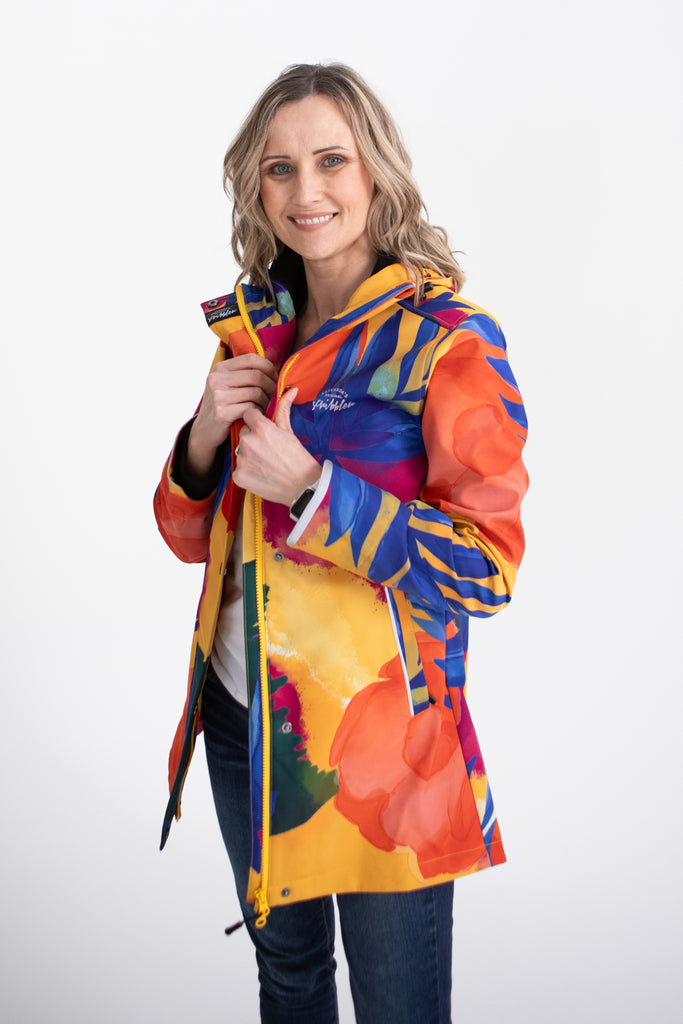 Caribe fleece bonded softshell womens waterproof raincoat, yellow, mustard, cobalt blue, magenta pink, plus size, NZ design, rain jacket, waterproof parka, winter coat, travel, wind proof, Scribbler, floral coat, USA winter coat, Canada waterproof winter parka