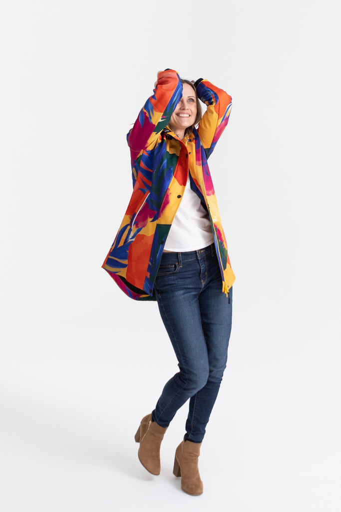 Caribe fleece bonded softshell womens waterproof raincoat, yellow, mustard, cobalt blue, magenta pink, plus size, NZ design, rain jacket, waterproof parka, winter coat, travel, wind proof, Scribbler, floral coat, USA winter coat, Canada waterproof winter parka