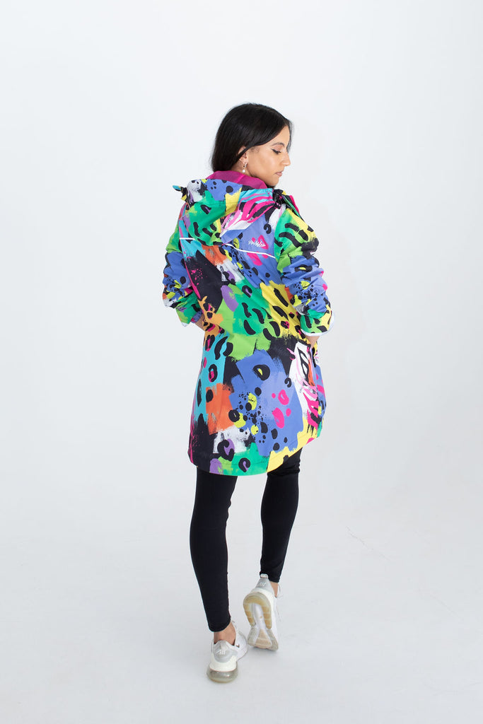 Neon Safari Scribbler mesh-lined rain jacket, animal print, raincoat, colourful printed rain wear, waterproof jacket for women, lightweight, plus size raincoat, New Zealand design