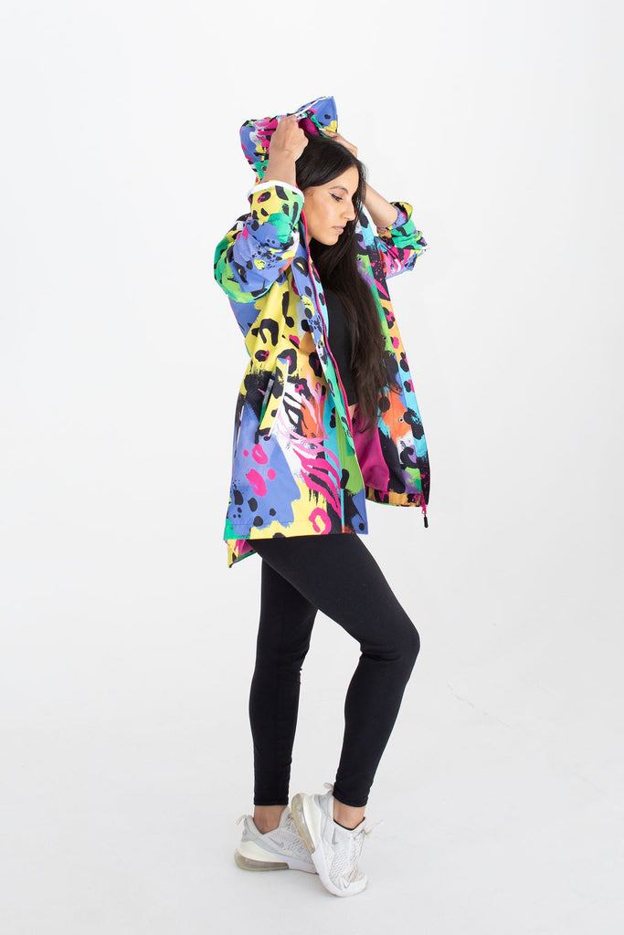 Neon Safari Scribbler mesh-lined rain jacket, animal print, raincoat, colourful printed rain wear, waterproof jacket for women, lightweight, plus size raincoat, New Zealand design
