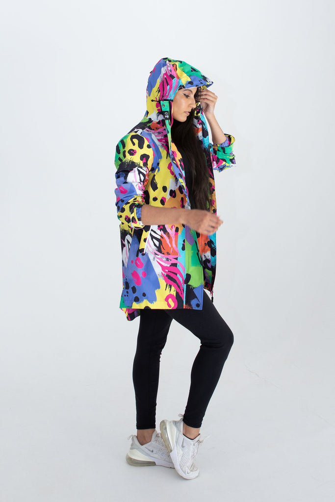 Neon Safari Scribbler mesh-lined rain jacket, animal print, raincoat, colourful printed rain wear, waterproof jacket for women, lightweight, plus size raincoat, New Zealand design
