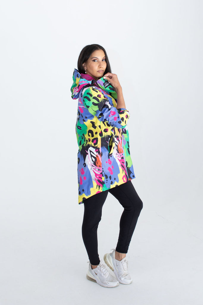 Neon Safari Scribbler mesh-lined rain jacket, animal print, raincoat, colourful printed rain wear, waterproof jacket for women, lightweight, plus size raincoat, New Zealand design