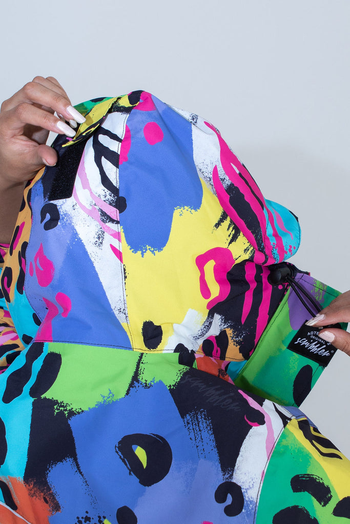 Neon Safari Scribbler mesh-lined rain jacket, animal print, raincoat, colourful printed rain wear, waterproof jacket for women, lightweight, plus size raincoat, New Zealand design