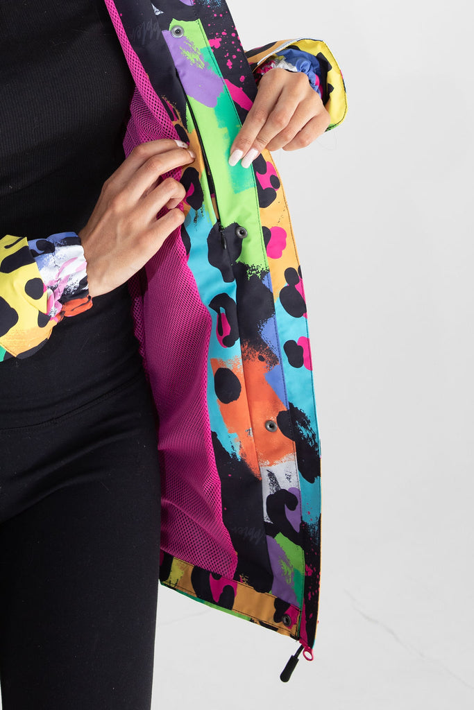 Neon Safari Scribbler mesh-lined rain jacket, animal print, raincoat, colourful printed rain wear, waterproof jacket for women, lightweight, plus size raincoat, New Zealand design