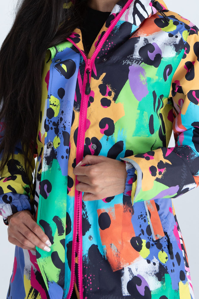 Neon Safari Scribbler mesh-lined rain jacket, animal print, raincoat, colourful printed rain wear, waterproof jacket for women, lightweight, plus size raincoat, New Zealand design