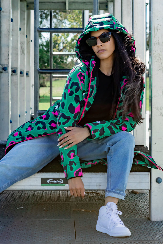 Leopard Pop longline puffer coat for women, waterproof insulated coat kelly green, bright pink, colourful puffer coat, plus size, NZ design, waterproof quilted coat, waterproof puffer jacket, winter coat, travel, wind proof, Scribbler, animal print coat, leopard printed waterproof winter long quilted coat, free shipping