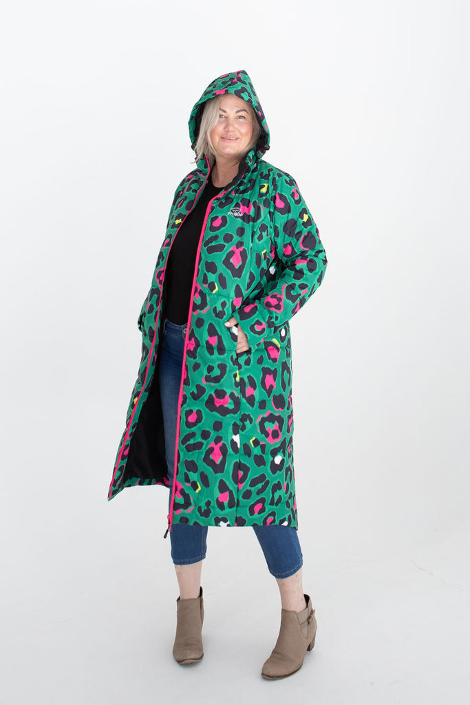 Leopard Pop longline puffer coat for women, waterproof insulated coat kelly green, bright pink, colourful puffer coat, plus size, NZ design, waterproof quilted coat, waterproof puffer jacket, winter coat, travel, wind proof, Scribbler, animal print coat, leopard printed waterproof winter long quilted coat, free shipping