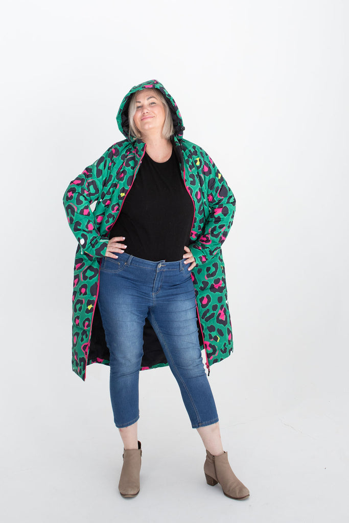 Leopard Pop longline puffer coat for women, waterproof insulated coat kelly green, bright pink, colourful puffer coat, plus size, NZ design, waterproof quilted coat, waterproof puffer jacket, winter coat, travel, wind proof, Scribbler, animal print coat, leopard printed waterproof winter long quilted coat, free shipping
