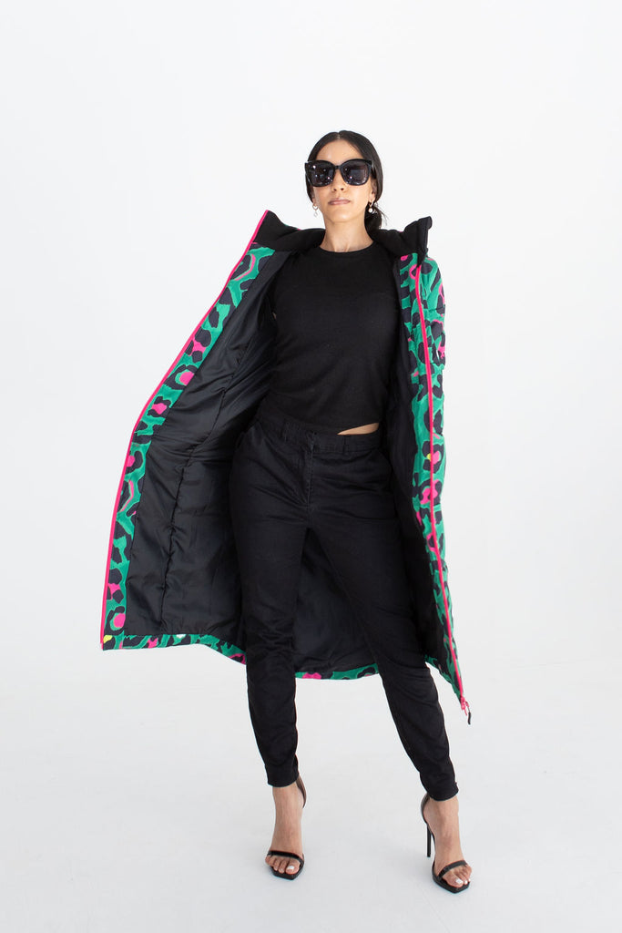 Leopard Pop longline puffer coat for women, waterproof insulated coat kelly green, bright pink, colourful puffer coat, plus size, NZ design, waterproof quilted coat, waterproof puffer jacket, winter coat, travel, wind proof, Scribbler, animal print coat, leopard printed waterproof winter long quilted coat, free shipping