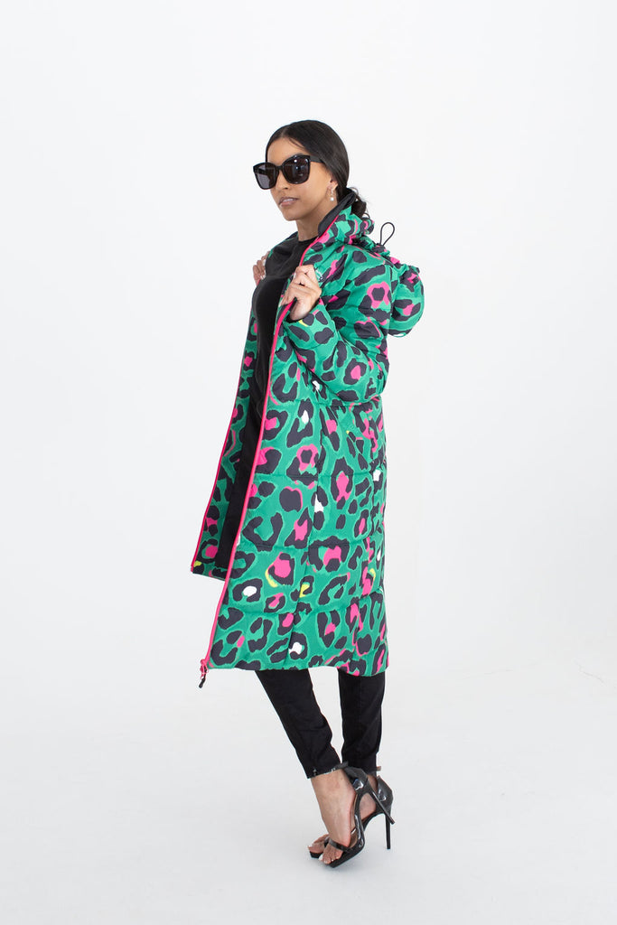 Leopard Pop longline puffer coat for women, waterproof insulated coat kelly green, bright pink, colourful puffer coat, plus size, NZ design, waterproof quilted coat, waterproof puffer jacket, winter coat, travel, wind proof, Scribbler, animal print coat, leopard printed waterproof winter long quilted coat, free shipping