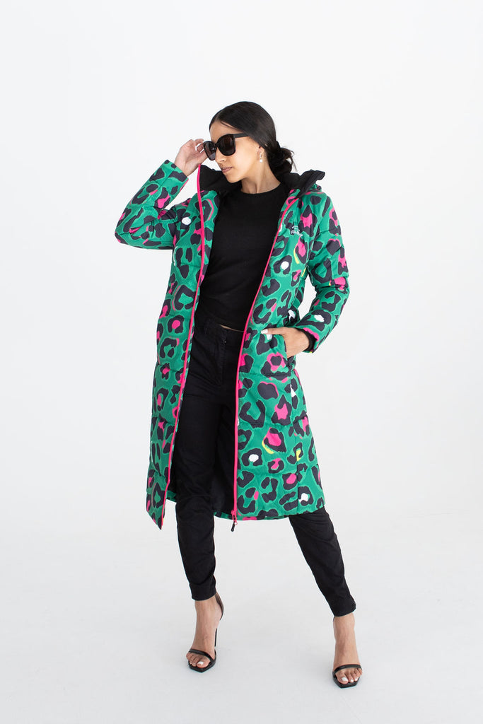Leopard Pop longline puffer coat for women, waterproof insulated coat kelly green, bright pink, colourful puffer coat, plus size, NZ design, waterproof quilted coat, waterproof puffer jacket, winter coat, travel, wind proof, Scribbler, animal print coat, leopard printed waterproof winter long quilted coat, free shipping