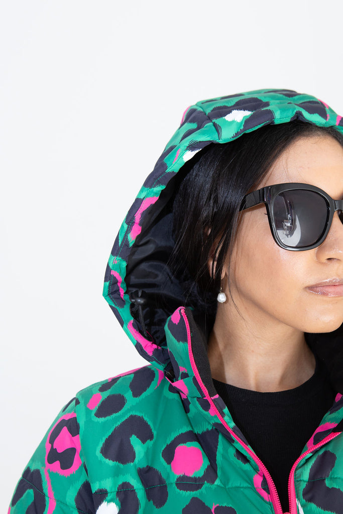 Leopard Pop longline puffer coat for women, waterproof insulated coat kelly green, bright pink, colourful puffer coat, plus size, NZ design, waterproof quilted coat, waterproof puffer jacket, winter coat, travel, wind proof, Scribbler, animal print coat, leopard printed waterproof winter long quilted coat, free shipping