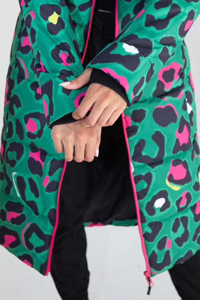 Leopard Pop longline puffer coat for women, waterproof insulated coat kelly green, bright pink, colourful puffer coat, plus size, NZ design, waterproof quilted coat, waterproof puffer jacket, winter coat, travel, wind proof, Scribbler, animal print coat, leopard printed waterproof winter long quilted coat, free shipping, thumb holes in cuff
