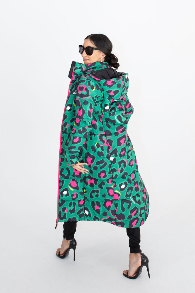 Leopard Pop longline puffer coat for women, waterproof insulated coat kelly green, bright pink, colourful puffer coat, plus size, NZ design, waterproof quilted coat, waterproof puffer jacket, winter coat, travel, wind proof, Scribbler, animal print coat, leopard printed waterproof winter long quilted coat, free shipping