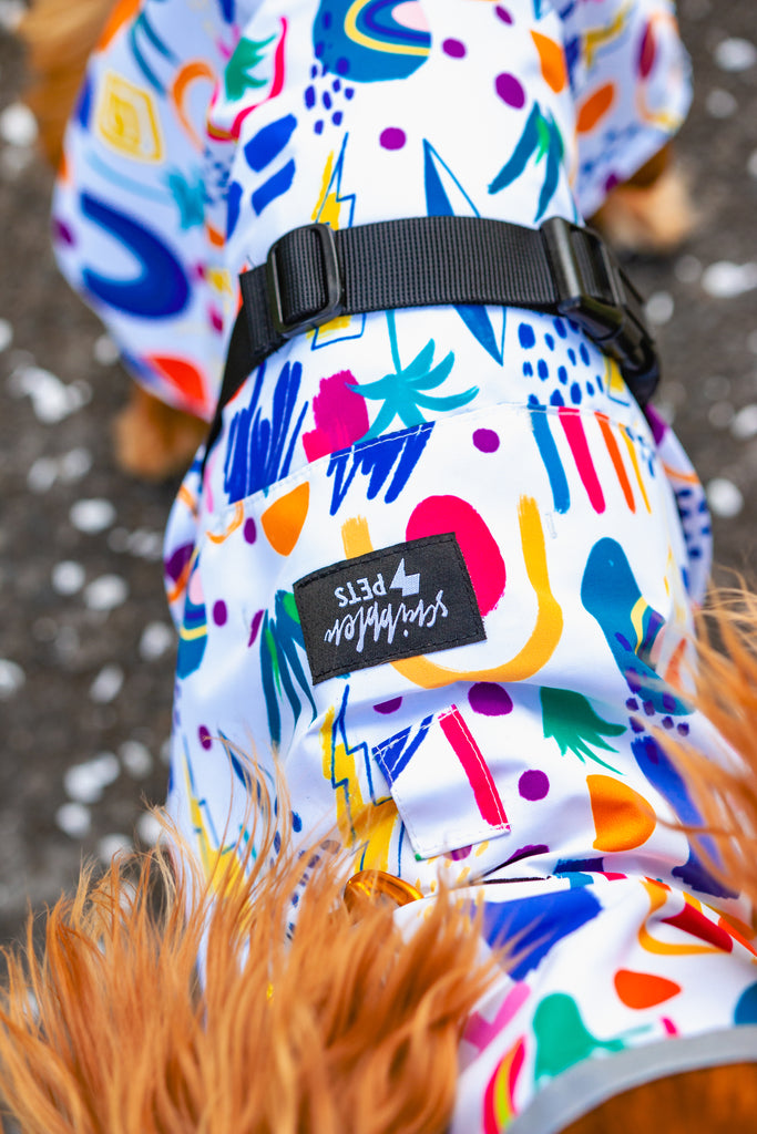 Scribbler pets, waterproof raincoat for dogs, rain jacket for dog, outerwear for dogs, waterproof, seam sealed, recycled plastic, abstract print, colourful, printed rainwear for pets, lightweight, sustainable