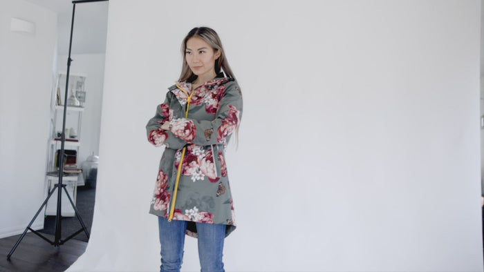 Military Peony fleece bonded womens waterproof raincoat, peony, olive, military green, plus size, NZ design, rain jacket, winter coat, travel, wind proof, Scribbler, floral coat, video, fashion