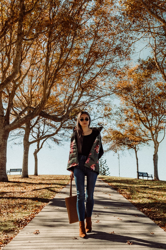 Scribbler waterproof puffer vest, Military Peony print, green puffer vest, waterproof gilet, recycled fabric, recycled puffer, conscious fashion, plus size vest, floral vest, removable hood, botanical print, printed vest, colourful vest, quilted vest, plus size vest, plus size