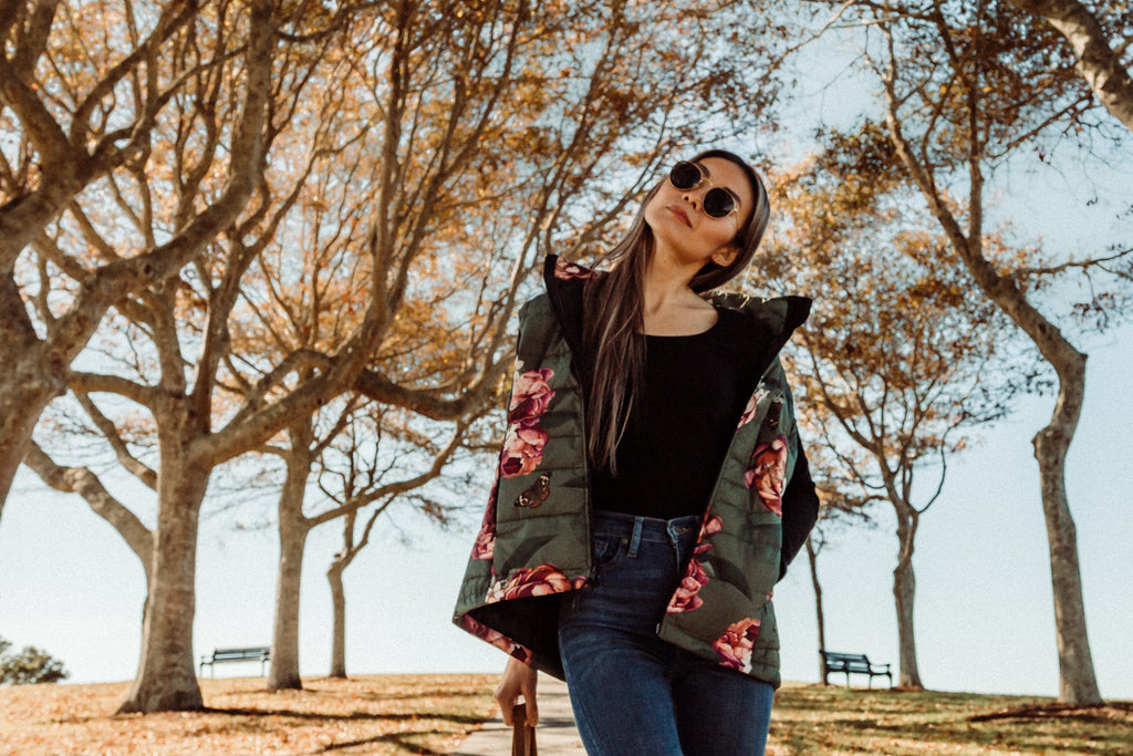 Scribbler waterproof puffer vest, Military Peony print, green puffer vest, waterproof gilet, recycled fabric, recycled puffer, conscious fashion, plus size vest, floral vest, removable hood, botanical print, printed vest, colourful vest, quilted vest, plus size vest, plus size