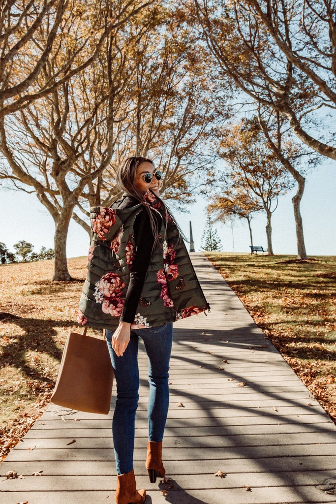 Scribbler waterproof puffer vest, Military Peony print, green puffer vest, waterproof gilet, recycled fabric, recycled puffer, conscious fashion, plus size vest, floral vest, removable hood, botanical print, printed vest, colourful vest, quilted vest, plus size vest, plus size, NZ, New Zealand, Australia, USA