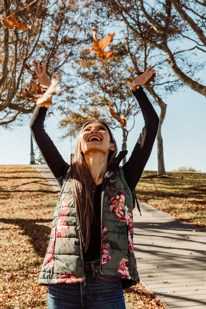 Scribbler waterproof puffer vest, Military Peony print, green puffer vest, waterproof gilet, recycled fabric, recycled puffer, conscious fashion, plus size vest, floral vest, removable hood, botanical print, printed vest, colourful vest, quilted vest, plus size