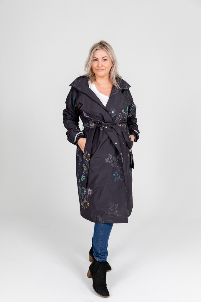 Scribbler Botany Luxe trench coat, trench style rain coat, rain jacket, floral trench coat, waterproof, longer length coat, rainwear, New Zealand designer, floral trench, dark brown coat, winter coat, japanese branches, plus size coat, curvy fashion
