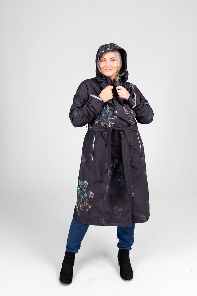 Scribbler Botany Luxe trench coat, trench style rain coat, rain jacket, floral trench coat, waterproof, longer length coat, rainwear, New Zealand designer, floral trench, dark brown coat, winter coat, japanese branches, plus size coat, curvy fashion