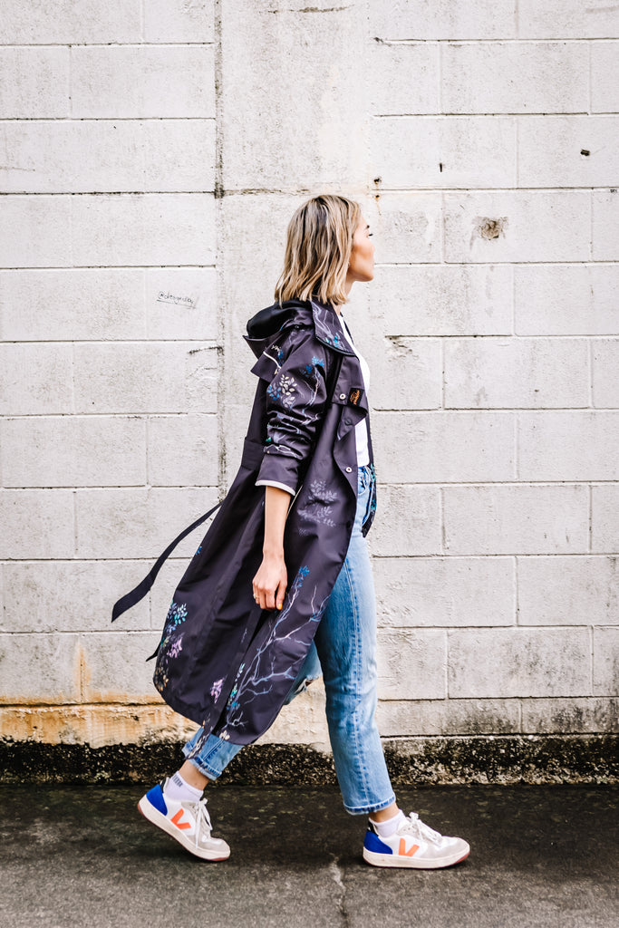 Scribbler Botany Luxe trench coat, trench style rain coat, rain jacket, floral trench coat, waterproof, longer length coat, rainwear, New Zealand designer, floral trench, dark brown coat, winter coat, japanese branches, plus size coat, curvy fashion, waterproof jacket, hooded raincoat, lightweight rain jacket, rain gear, outdoor clothing, breathable rain jacket, windproof jacket, rainwear