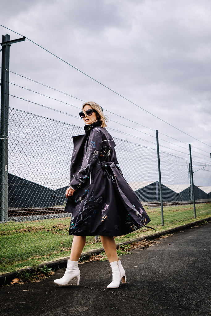 Scribbler Botany Luxe trench coat, trench style rain coat, rain jacket, floral trench coat, waterproof, longer length coat, rainwear, New Zealand designer, floral trench, dark brown coat, winter coat, japanese branches, plus size coat, curvy fashion, waterproof jacket, hooded raincoat, lightweight rain jacket, rain gear, outdoor clothing, breathable rain jacket, windproof jacket, rainwear