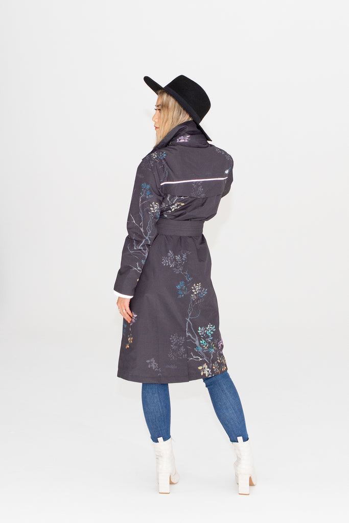 Scribbler Botany Luxe trench coat, trench style rain coat, rain jacket, floral trench coat, waterproof, longer length coat, rainwear, New Zealand designer, floral trench, dark brown coat, winter coat, japanese branches, plus size coat, curvy fashion, removable hood, back vent flap