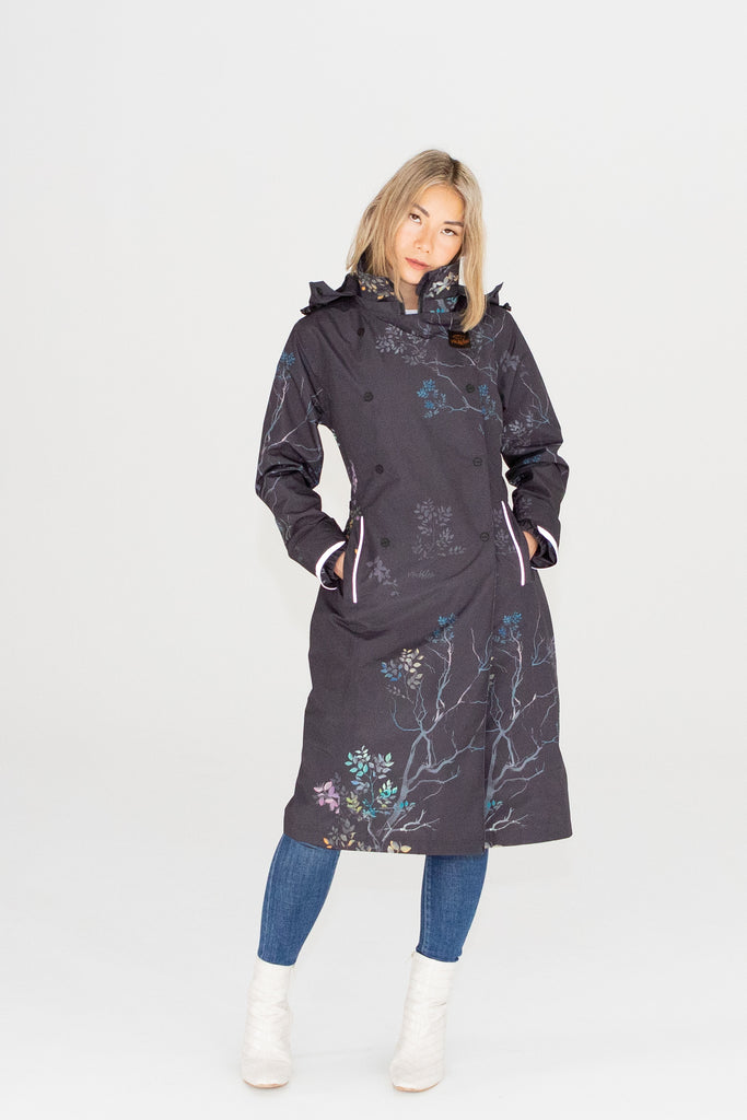 Scribbler Botany Luxe trench coat, trench style rain coat, rain jacket, floral trench coat, waterproof, longer length coat, rainwear, New Zealand designer, floral trench, dark brown coat, winter coat, japanese branches, plus size coat, curvy fashion