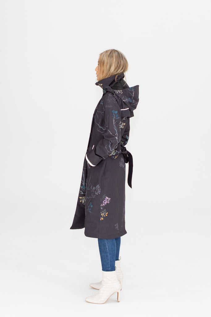 Scribbler Botany Luxe trench coat, trench style rain coat, rain jacket, floral trench coat, waterproof, longer length coat, rainwear, New Zealand designer, floral trench, dark brown coat, winter coat, japanese branches, plus size coat, curvy fashion