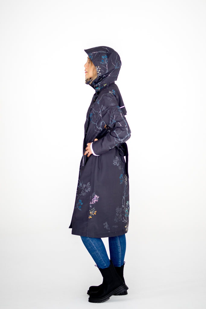 Scribbler Botany Luxe trench coat, trench style rain coat, rain jacket, floral trench coat, waterproof, longer length coat, rainwear, New Zealand designer, floral trench, dark brown coat, winter coat, japanese branches, plus size coat, curvy fashion