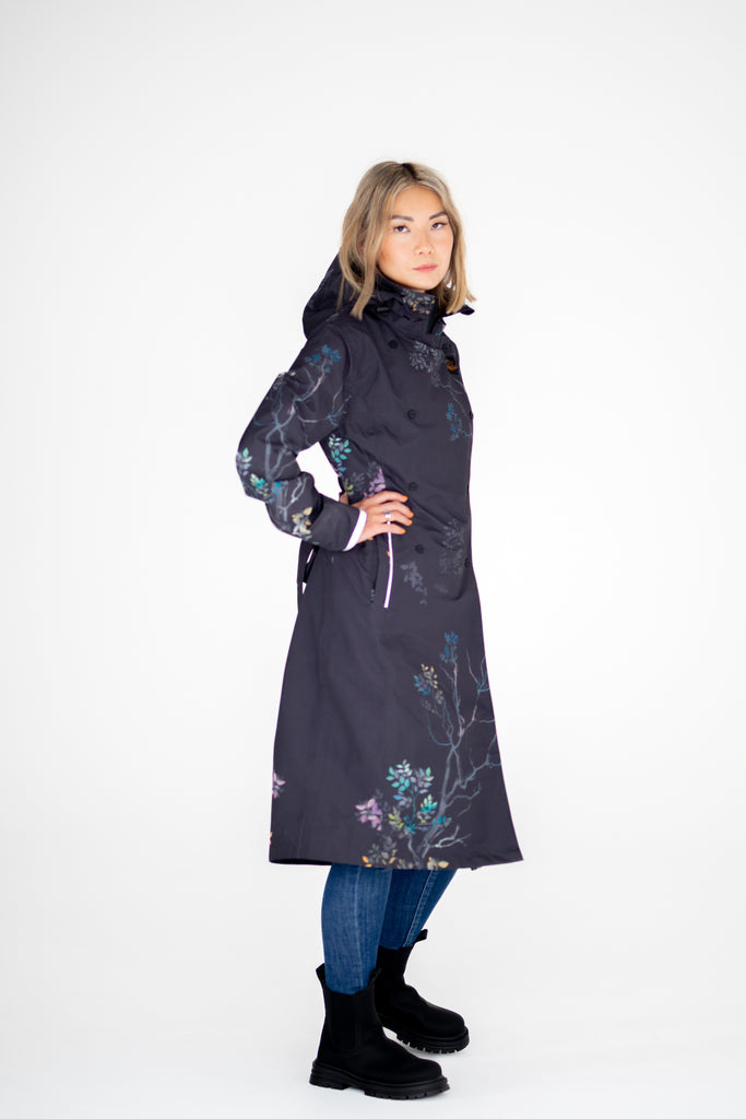 Scribbler Botany Luxe trench coat, trench style rain coat, rain jacket, floral trench coat, waterproof, longer length coat, rainwear, New Zealand designer, floral trench, dark brown coat, winter coat, japanese branches, plus size coat, curvy fashion