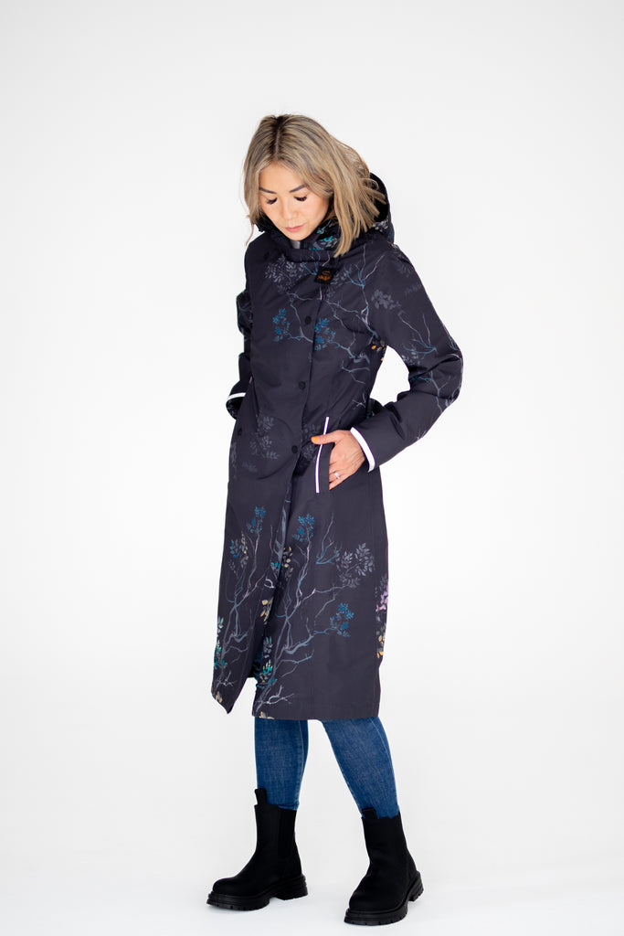 Scribbler Botany Luxe trench coat, trench style rain coat, rain jacket, floral trench coat, waterproof, longer length coat, rainwear, New Zealand designer, floral trench, dark brown coat, winter coat, japanese branches, plus size coat, curvy fashion
